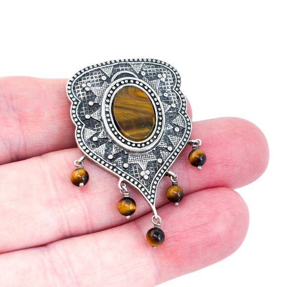 Vintage Sterling Silver 925 4.5cm Shield Shaped Tiger’s Eye Dangle Pendant - Picture 1 of 7